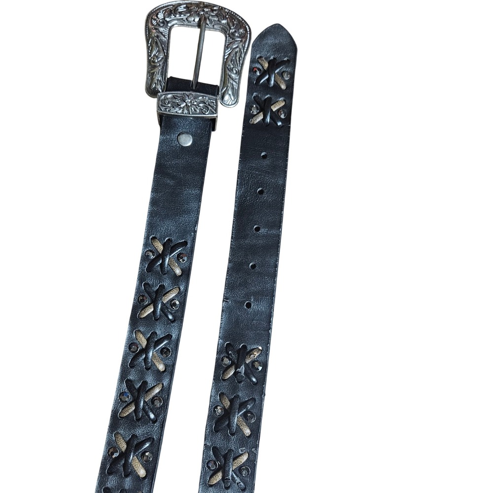 Vintage Western Genuine Leather Whipstitch Rhinestone Belt Silver Buckle ML Boho